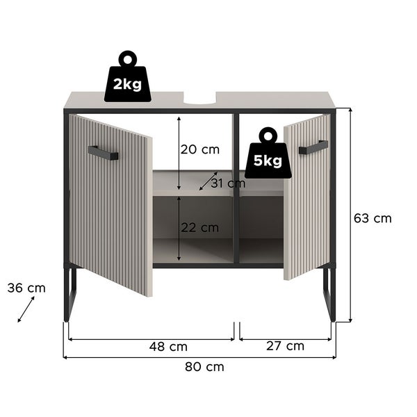 Bagno Waschbeckenunterschrank 2 Türen hellgrau, cremefarben. 80 X 36 X 63 cm