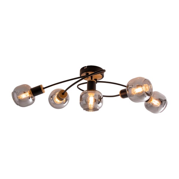 Deckenleuchte mit fünf Rauchglas-Lampenschirmen