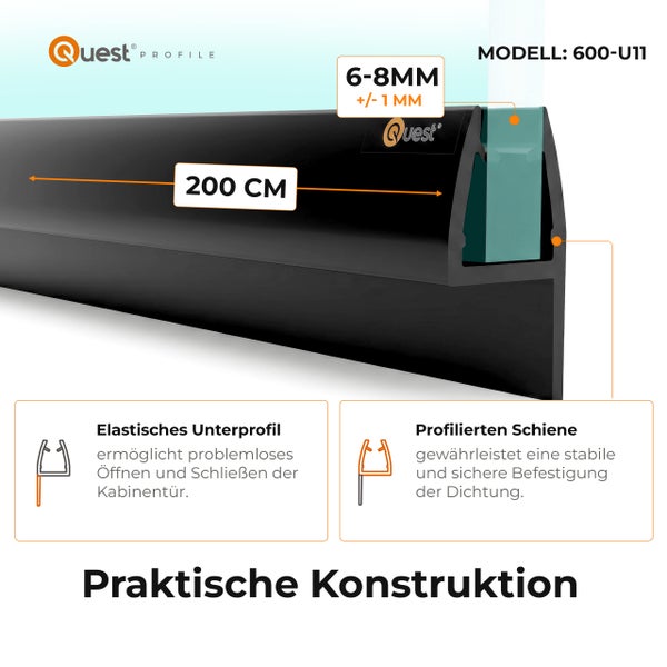 Quest Profile Duschdichtung Modell 600-U11, Länge 200 Zentimeter, für Glasstärken von 6 bis 8 Millimeter, elastisches Unterprofil.
