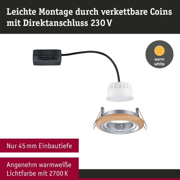 LED Einbauleuchte Coin mit 230 Volt Direktanschluss, 45 Millimeter Einbautiefe und warmweißer Lichtfarbe mit 2700 Kelvin.
