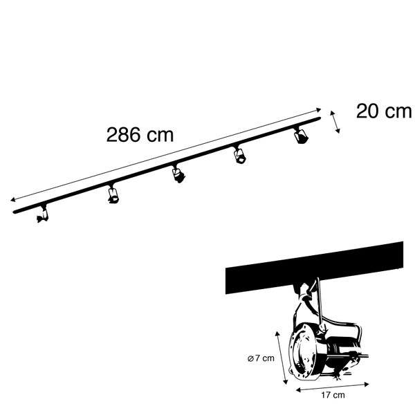 Schienensystem mit 5 Spots 1-phasig schwarz mit Stahl - Suplux