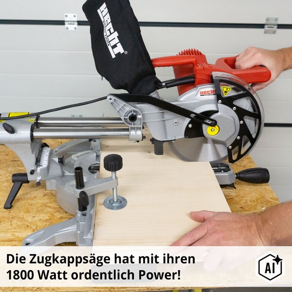 Hecht Zugkappsäge mit 1800 Watt Leistung beim Schneiden eines Holzbretts auf einer Werkbank.