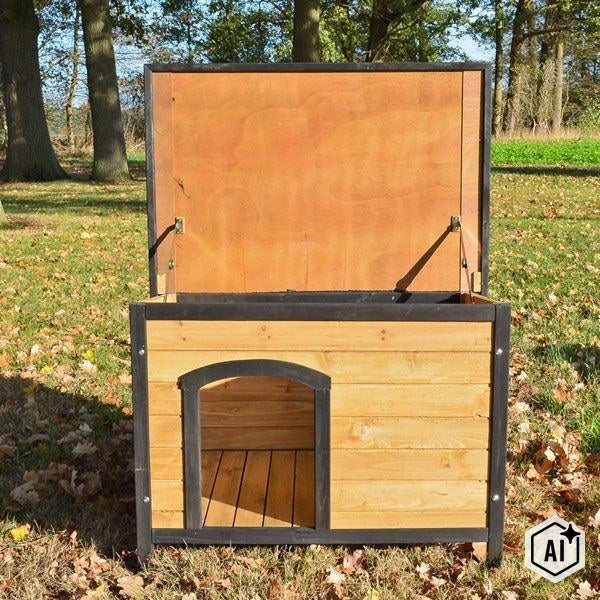 Hundehütte aus Holz mit aufklappbarem Dach für eine einfache Reinigung und Belüftung im Garten.