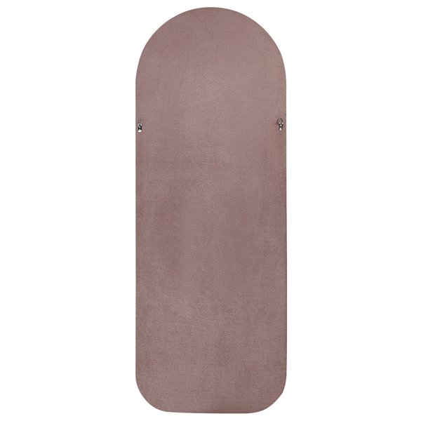 Rückseite eines länglichen Spiegels mit abgerundeten Ecken und Aufhängungen.