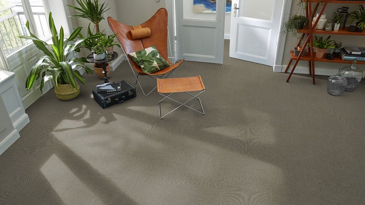 Helles Wohnzimmer mit strukturierten grauen Teppichfliesen, einem Butterfly-Sessel aus Leder und diversen Zimmerpflanzen.