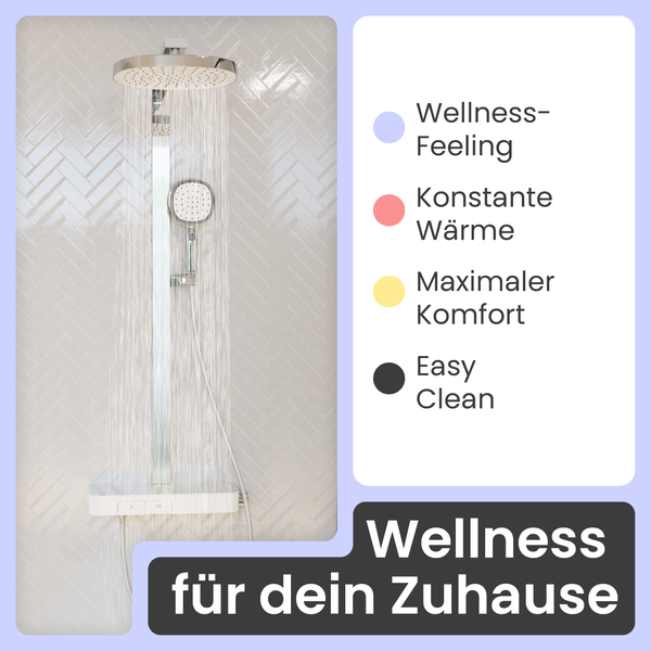Duschsystem mit Kopfbrause und Handbrause vor einer gefliesten Wand mit Produktvorteilen wie Wellness, konstanter Wärme, Komfort und Easy Clean.