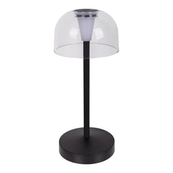 Dekorative Tischleuchte mit transparentem Lampenschirm und Metallsockel