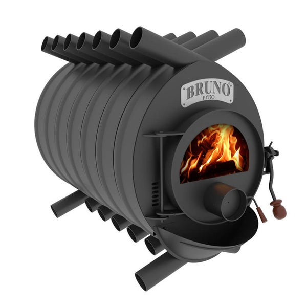 Holzofen mit sichtbarem Feuer und Bruno Pyro Logo