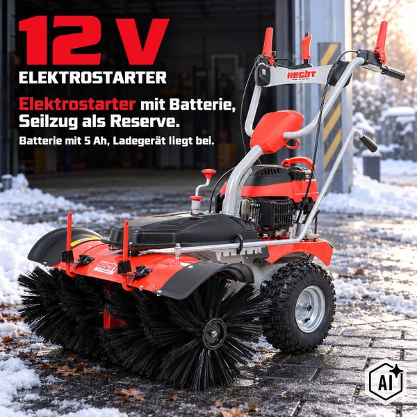 Hecht Kehrmaschine mit Benzinmotor und 12 Volt Elektrostarter inklusive Batterie und Ladegerät für die Schneeräumung im Winter.