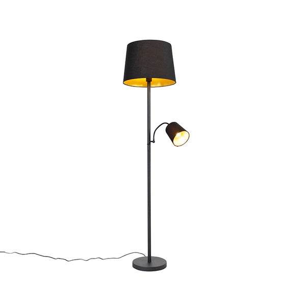 QAZQA - Klassisch I Antik Klassische Stehlampe schwarz mit Gold I Messing und Leselicht - Retro I Wohnzimmer I Schlafzimmer - Stahl Länglich - LED geeignet E27