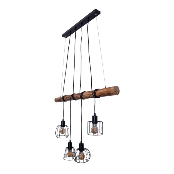 4er Pendelleuchte WOODLAND,  Hängelampe, Metall und Holz in Schwarz, und natur- E27-Fassung, für Esszimmer, Wohnzimmer, Diele oder Büro, 100 cm lang