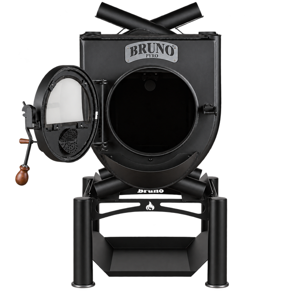 Bruno Pyro Warmluftofen aus Stahl mit offener Brennkammer und Holzgriff