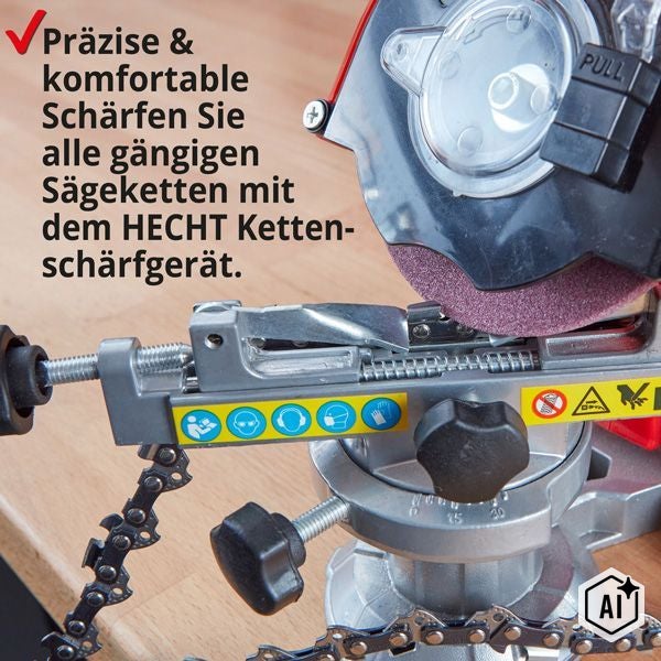 HECHT Kettenschärfgerät zum präzisen Schärfen von Sägeketten mit Schleifscheibe und Sicherheitshinweisen zur Benutzung.