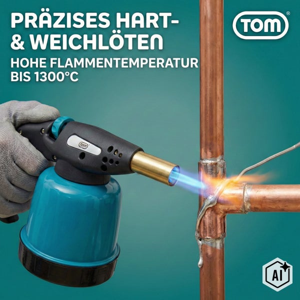 TOM Lötbrenner beim Hart- und Weichlöten von Kupferrohren mit einer Flammentemperatur bis 1300 Grad Celsius und TOM Logo.