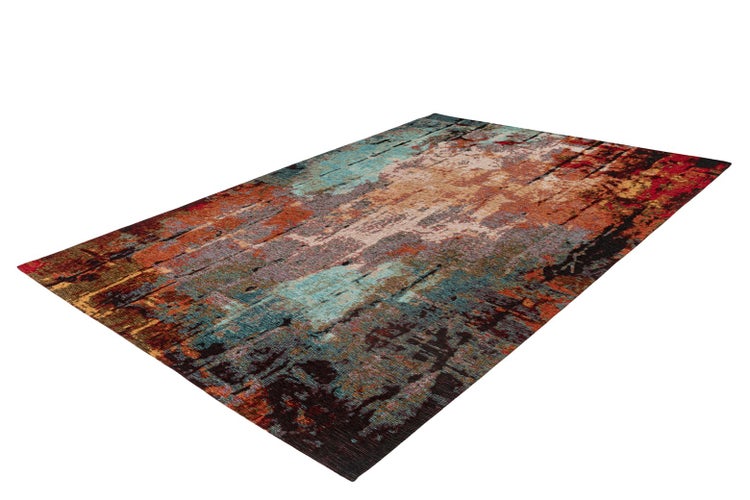 Rechteckiger Teppich mit abstraktem Vintage-Muster in Rost, Türkis und Beige für den Wohnbereich.