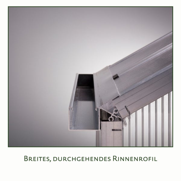 Breites, durchgehendes Rinnenprofil aus Aluminium an einem Gewächshaus mit Hohlkammerplatten.