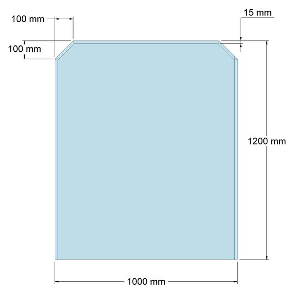 Technische Zeichnung einer Glasbodenplatte, Maße 1000 mal 1200 Millimeter, mit Eckausschnitten von 100 Millimetern.