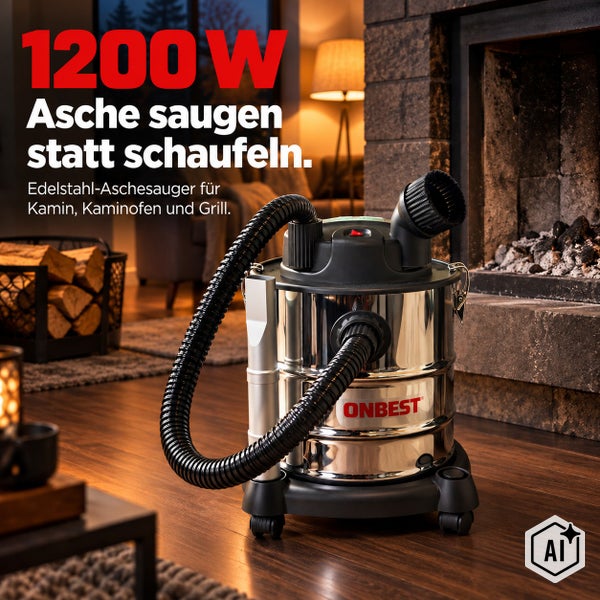 Aschesauger mit Metallbehaelter und flachem Saugrohr zur Reinigung von Kamin und Grill.