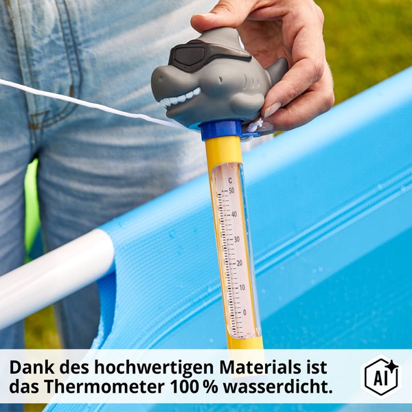Poolthermometer mit Haifischfigur zum Messen der Wassertemperatur in Schwimmbecken.