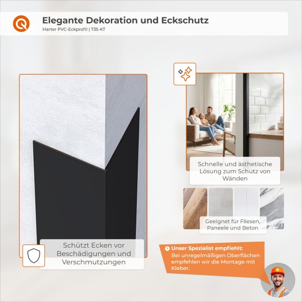 Elegante Dekoration und Eckschutz aus hartem PVC-Eckprofil zum Schutz vor Beschädigungen und Verschmutzungen, geeignet für Fliesen, Paneele und Beton.