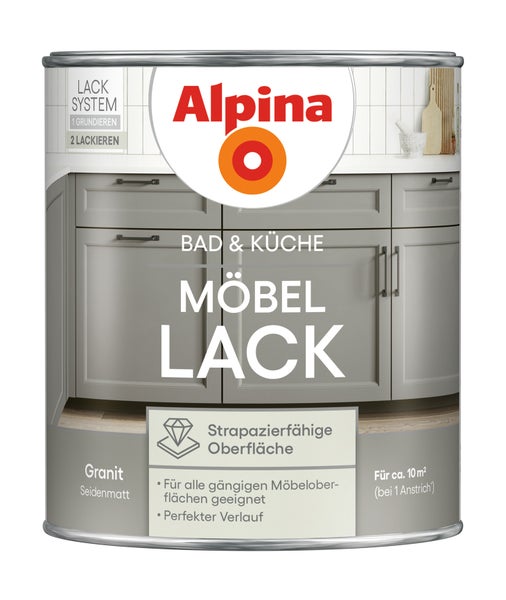 Alpina Möbellack Bad und Küche, Granit, seidenmatt, strapazierfähige Oberfläche, für circa 10 Quadratmeter.