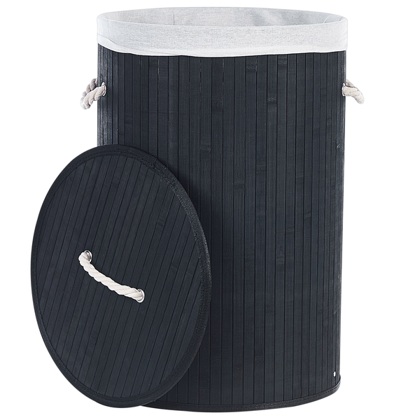 Runder Wäschekorb aus Bambus mit Deckel, herausnehmbarem Wäschesack aus Stoff und Seilgriffen.