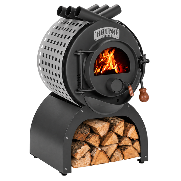 Bruno Mini Kaminofen aus Stahl mit Holzfach und Sichtfenster