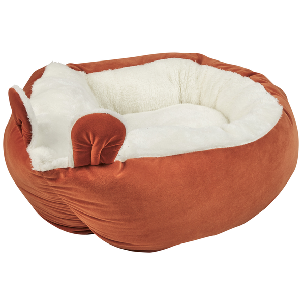 Rundes Haustierbett mit weichem Bezug, Innenseite aus Kunstfell und dekorativen Ohren.
