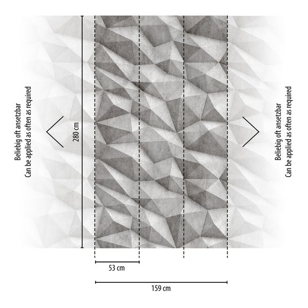 Fototapete mit grau-weißem 3D-Geometriemuster, Höhe 280 Zentimeter, Breite 159 Zentimeter, Bahnenbreite 53 Zentimeter, beliebig oft ansetzbar.