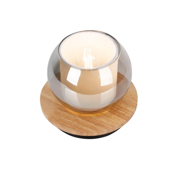 Tischleuchte mit Glaskugel und Holzfuß