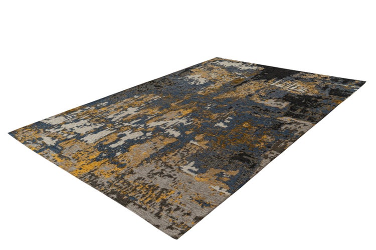 Rechteckiger Teppich mit abstraktem Vintage-Muster in Blau, Grau, Schwarz und Goldgelb.