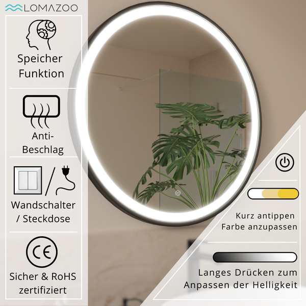 Runder LED Badezimmerspiegel von Lomazoo mit Anti Beschlag Funktion, Speicherfunktion, Wandschalter und Steckdosenanschluss, dimmbar.