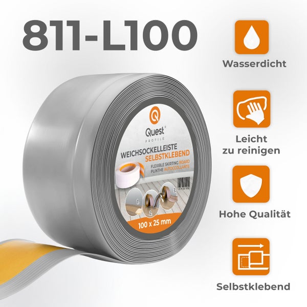 Quest Weichsockelleiste Selbstklebend, Breite Sockelleiste 100 x 25 mm, PVC Knickleiste für Wand, Boden, Flexibel, Grau, 1 Meter