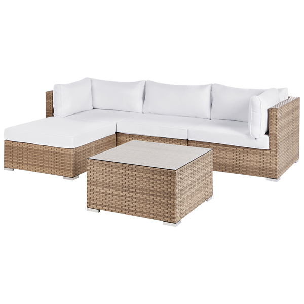 Garten Ecksofa mit Tisch 4-Sitzer SANO rechtsseitig modular Polyrattan Naturfarben
