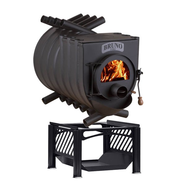 Bruno Pyro Holzofen auf einem Ständer mit Feuer im Brennraum