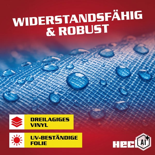 Detailansicht einer widerstandsfähigen Gewebeplane aus dreilagigem Vinyl mit UV-beständiger Oberfläche und Wassertropfen, Hecht Logo