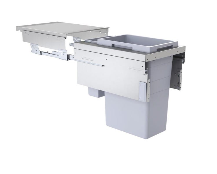 Ausziehbarer Einbau-Abfallsammler aus Metall und Kunststoff für den Küchenunterschrank mit zwei Abfallbehältern.