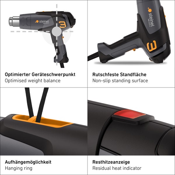 Produktmerkmale des Heißluftgebläses Steinel HM 2020 E: optimierter Schwerpunkt, rutschfeste Standfläche, Aufhängemöglichkeit und Resthitzeanzeige.