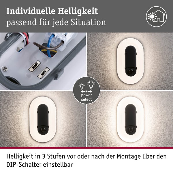 Über einen DIP-Schalter einstellbare Helligkeit in drei Stufen bei einer ovalen Außenwandleuchte mit Bewegungsmelder.
