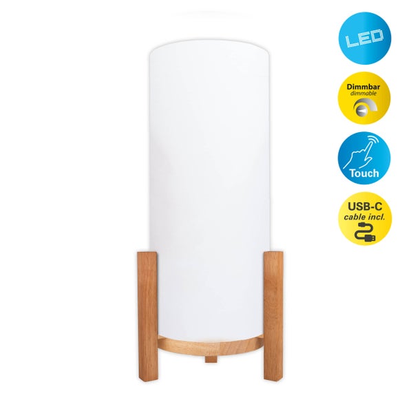 Akkutischleuchte MADITA 48 cm hoch, in Weiß/Natur, mit integrierter LED, dimmbar mit Berührungssensor