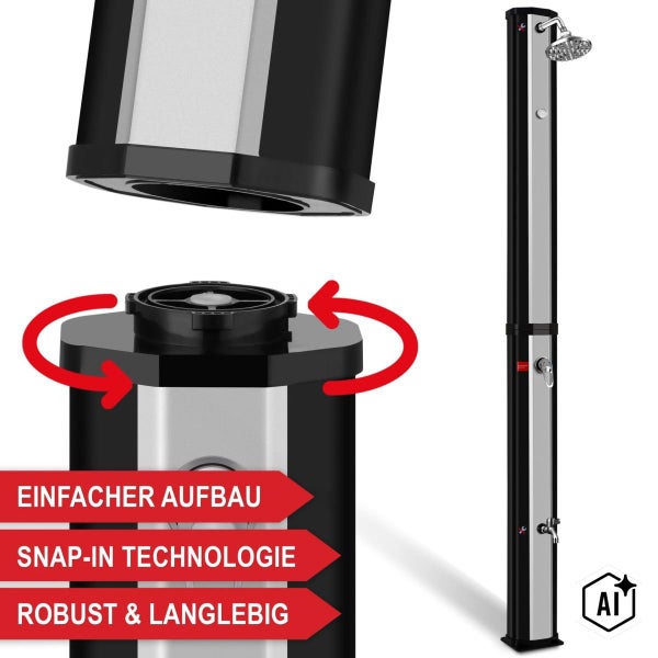 Gartendusche mit Snap-in Technologie für einfachen Aufbau und robuste Bauweise inklusive Duschkopf und Wasserhahn.