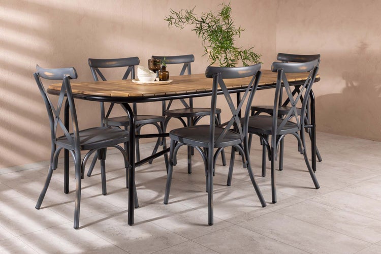 Holmbeck Gartenset Tisch 90x200cm natur, 6 Stühle Peking dunkel grau. 90 X 200 X 75 cm