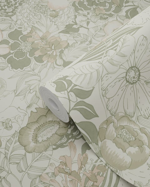 ESTAhome Tapete Blumenmuster Graugrün - 50 x 900 cm - 139765