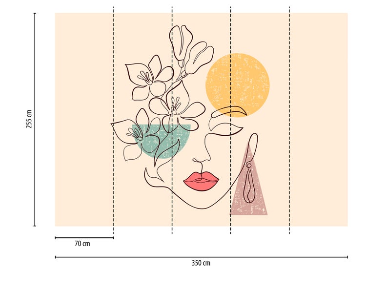 Fototapete mit abstraktem Line Art Motiv eines Gesichts und Blumen, 350 Zentimeter mal 255 Zentimeter, 5 Bahnen mit je 70 Zentimeter Breite.