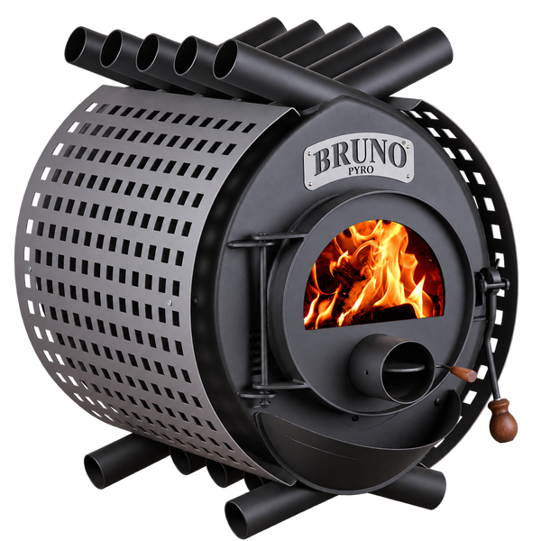 Bruno Pyro Warmluftofen mit Sichtfenster, brennendem Holzfeuer und Konvektionsrohren für eine effiziente Wärmeverteilung.