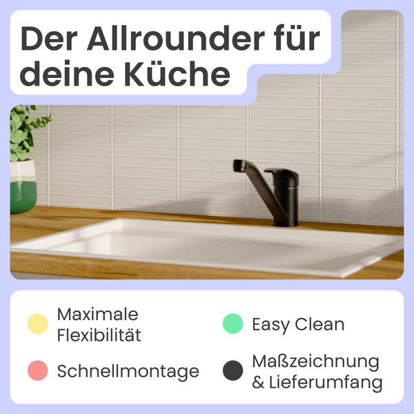 Küchenspüle mit Armatur und Eigenschaften: maximale Flexibilität, schnelle Montage, einfache Reinigung, Maßzeichnung und Lieferumfang