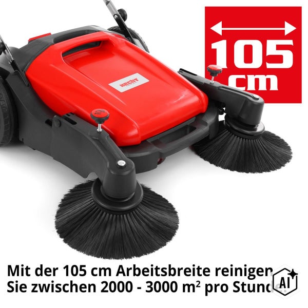 Hecht Kehrmaschine mit 105 Zentimeter Arbeitsbreite für eine Flächenleistung von 2000 bis 3000 Quadratmeter pro Stunde.