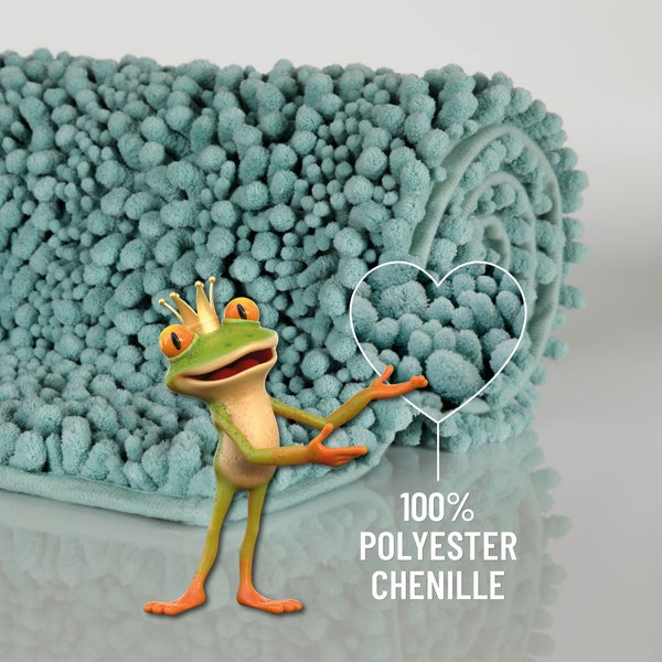 Badematte aus 100 Prozent Polyester Chenille mit weicher Oberflächenstruktur und einer Froschfigur.