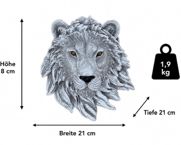 Wanddekoration Loewe aus Steinguss mit Maßangaben Hoehe 8 cm, Breite 21 cm, Tiefe 21 cm und einem Gewicht von 1,9 Kilogramm