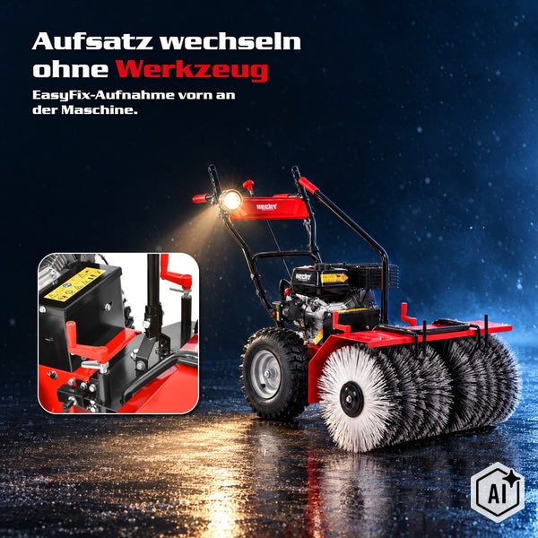 Hecht Kehrmaschine mit EasyFix Aufnahme zum werkzeuglosen Wechsel von Aufsätzen inklusive Detailansicht des Schnellwechselsystems.